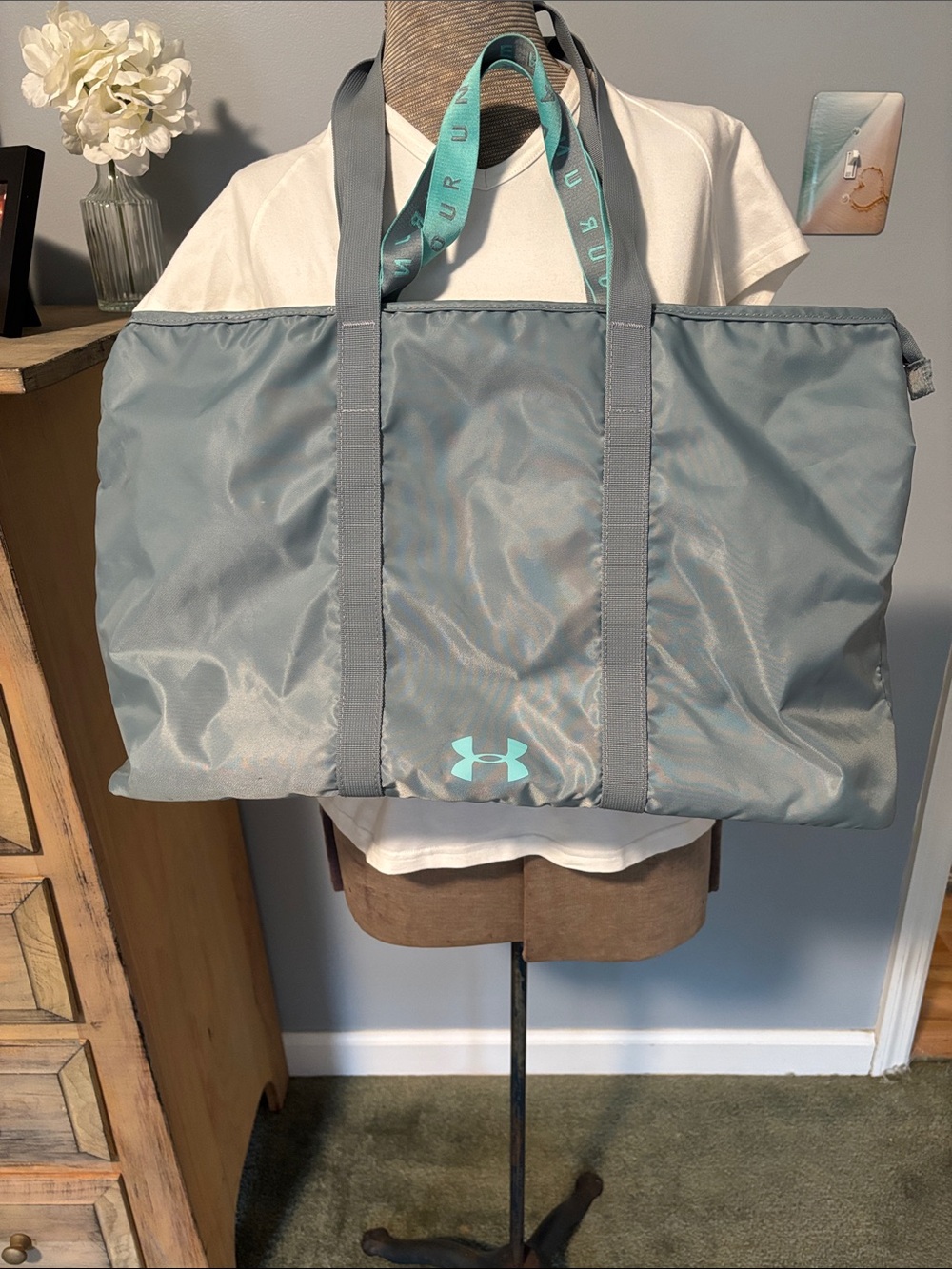 Under Armour Gray with Teal Logo Double Straps Nylon Tote